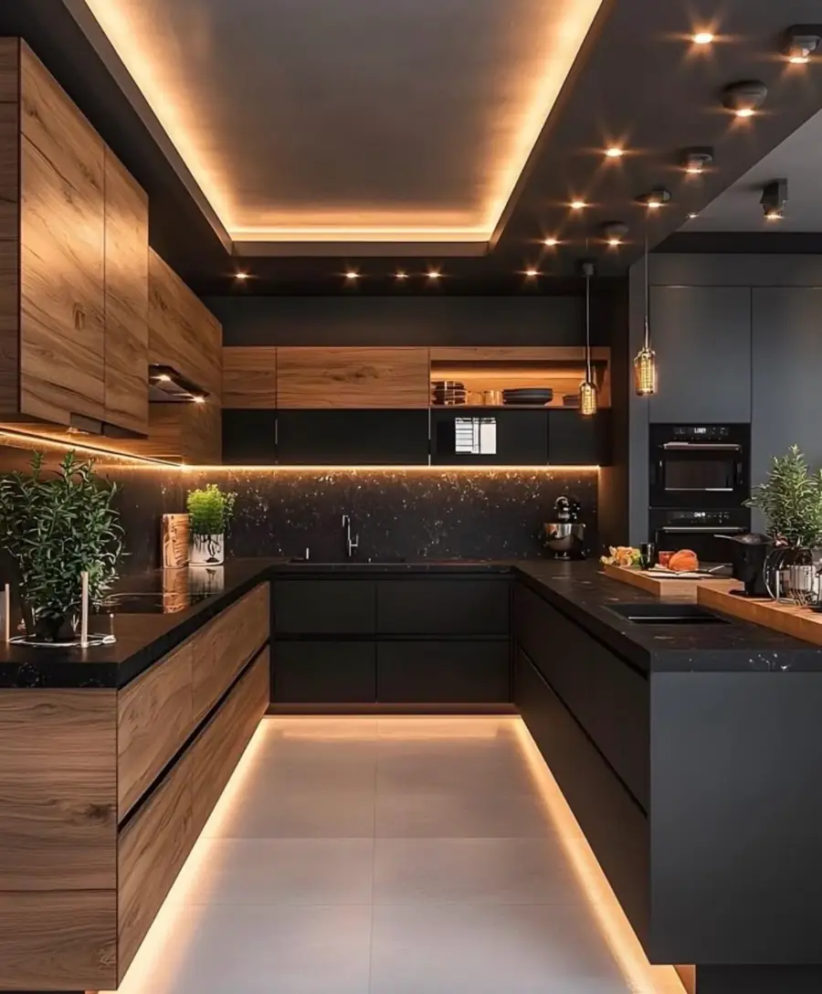 Cozinha planejada preta com armários em madeira e iluminação de LED no teto e no rodapé dos módulos.