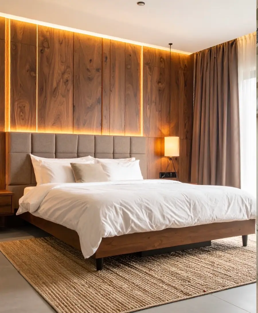 Dormitório planejado com painel de madeira atrás da cama, iluminação embutida e cabeceira estofada.