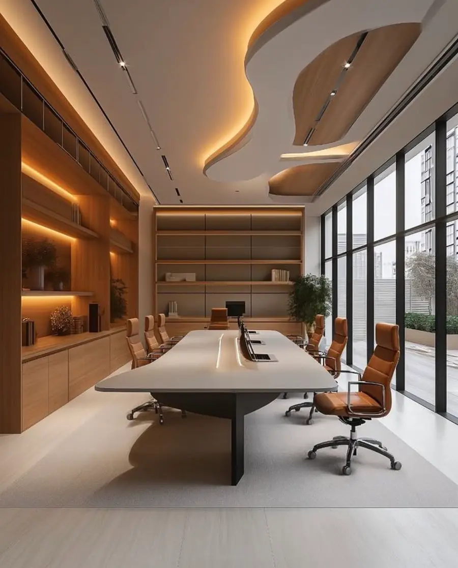 Sala de reuniões corporativa com marcenaria planejada nas paredes e iluminação embutida no forro.