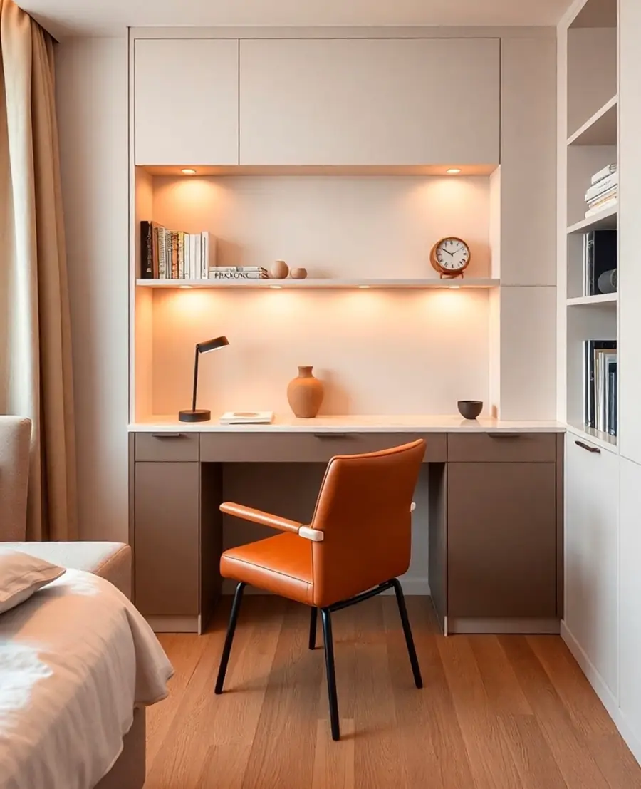 Home office planejado integrado ao dormitório, com bancada de trabalho, nichos e iluminação embutida.
