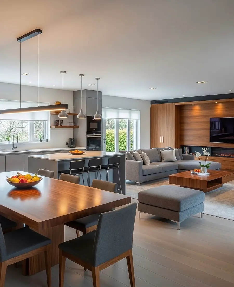 Living integrado à cozinha e à sala de jantar, com painel de TV em madeira e lareira embutida.