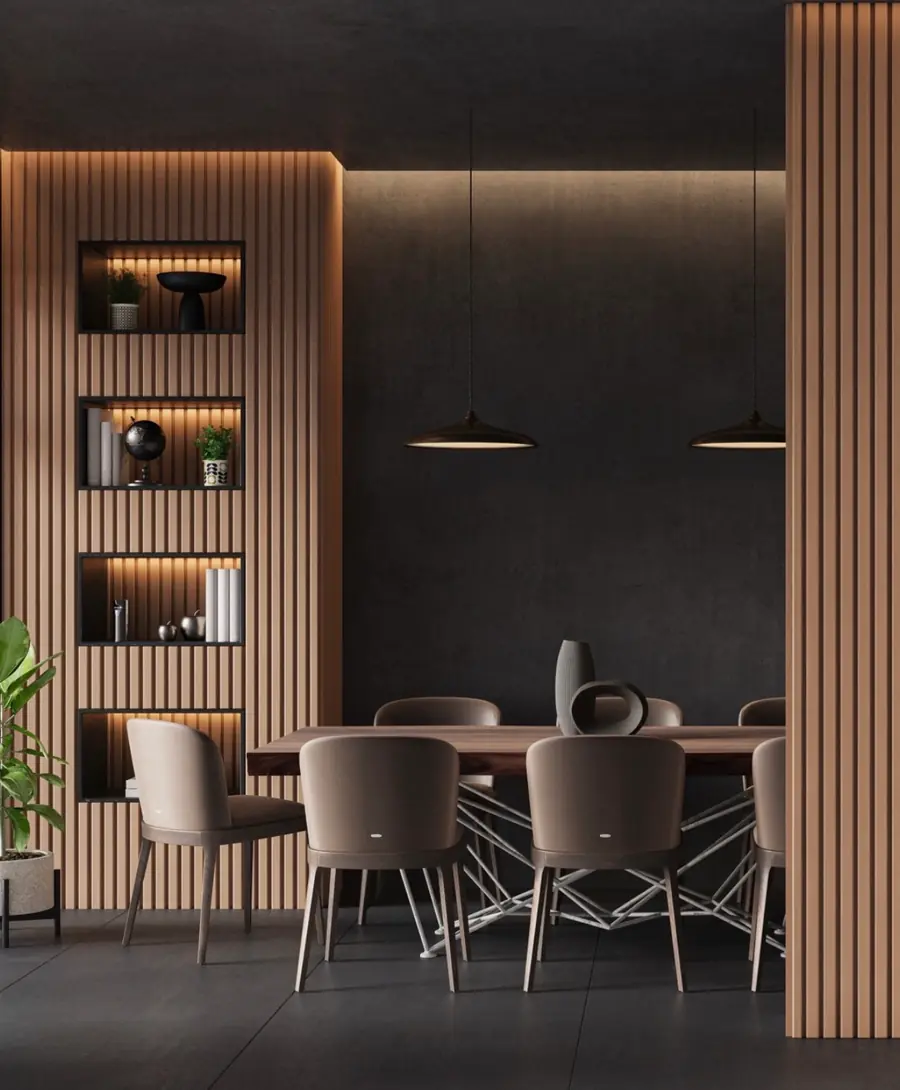 Sala de jantar com painéis ripados em madeira e nichos com iluminação embutida.