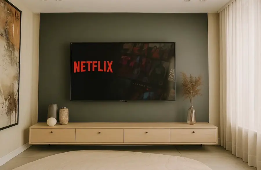 Sala de TV com parede verde-oliva, rack suspenso em madeira clara de quatro gavetas e cortina de linho até o piso.